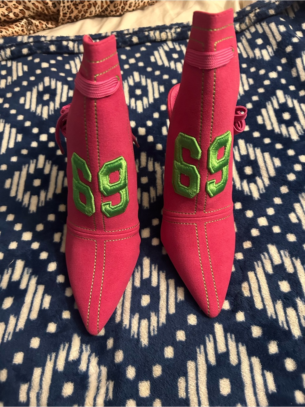 Stunning  Bright Pink Pointed-Toe Ankle Booties with Green Patch